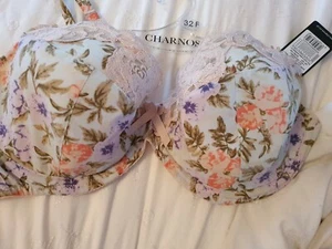 BNWT CHARNOS LACY UNDERWIRED PADDED PLUNGE BRA FLORAL 32F RRP £36 - Picture 1 of 7