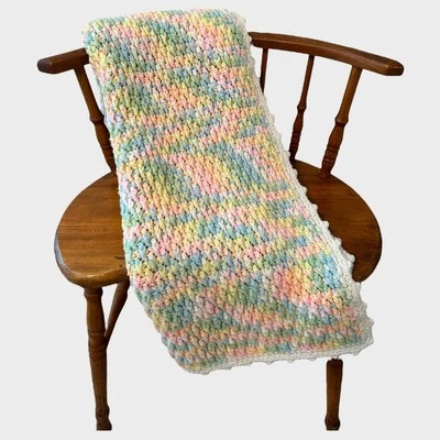 Handmade Crochet Baby Blanket Pastel Colors Green Blue Pink Yellow 32" x 38" - Image 1 of 4
