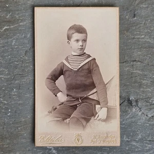 1893 Antique CDV Photograph Young Boy in Sailor Outfit Toy Boat Germany Photo - Picture 1 of 2