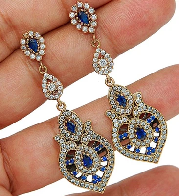Ottoman Empire Style 10CT Treated Sapphire 925 Sterling Silver Earrings TE1504 - Image 1 of 2