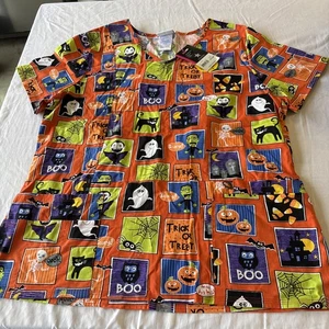 ScrubStar scrub top womens L Halloween Frankenstein Cats Ghosts Spiders Boo - Picture 1 of 4
