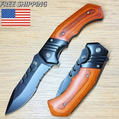 Clip de cuchillo de hoja abierta dentada plegable negro asistente de resorte táctico de madera roja de 9" Foto 1 de 4