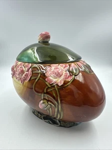 Vintage deutsche Majolika Osterei Bonboniere bedeckt Behälter mit Rosen - Bild 1 von 21