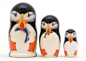 Handmade Puffin Nesting Doll 3pc Tallest 3.5" 100% Natural Linden Wood - Picture 1 of 3