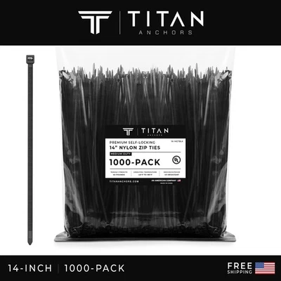1000-Pack Premium 14" Inch Black Nylon Zip Ties, 60 lbs, UV Resistant, 4.8mm - Image 1 of 4