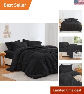 7-Piece Seersucker Black Comforter Set California King for All-Season Luxury - Image 1 of 4