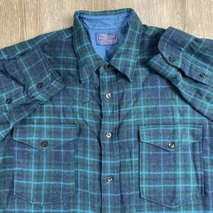 Camisa Pendleton Franela Años 50 De Colección 16.5 Abotonada Verde Azul Cuadros Hecha en EE. UU. - Imagen 1 de 16