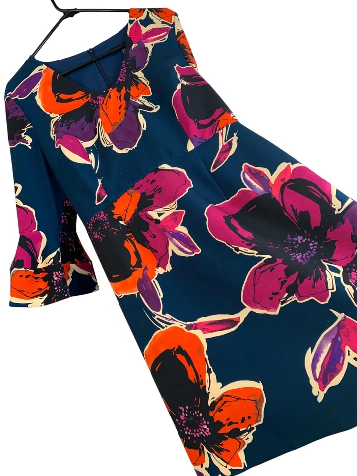 Trina Turk Sz 10 Bold Floral Print 3/4 Sleeve Dress With bell Cuffs Scuba GUC - Image 1 of 4