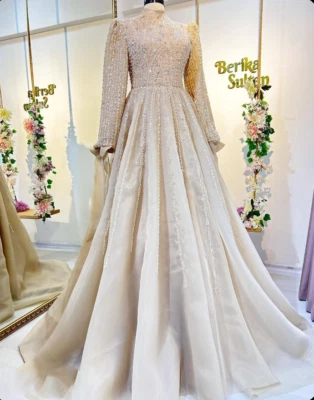 Light Champagne Wedding Dresses Muslim High Neck Beaded A Line Bridal Gowns - Image 1 of 4