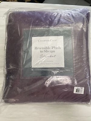 Charter Club Reversible Plush to Sherpa Full Queen Bed Blanket Purple/Wht 90x90 - Image 1 of 4