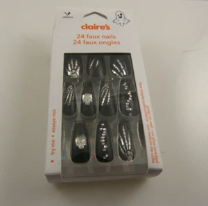 Claire's faux false nails halloween skulls black bling press on no glue needed - Picture 1 of 5