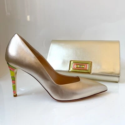NUEVO | $595 Loriblu Oro Gold Pump MG8201 Colorblock Acento Tacón Punta puntiaguda 40IT   Foto 1 de 4