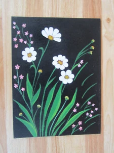 Margaritas y flores en fondo negro acrílico pintura de lona plana ¡¡a la venta!!¡! - Imagen 1 de 3