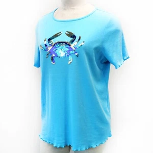 Quacker Factory Plus Blue Nautical Sequin Crab Crew Neck Shirt Top 2X - Picture 1 of 8