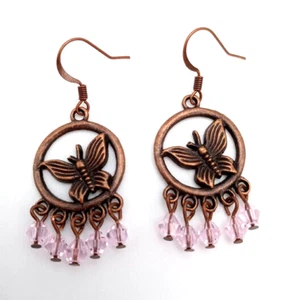 Copper Colored Butterfly Circle Earrings with Light Pink Glass Bicone Beads - Picture 1 of 3