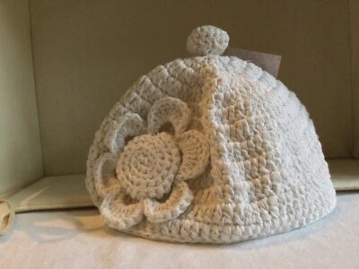 Powell Craft. - Knitted Rose Babies Bonnet. - White