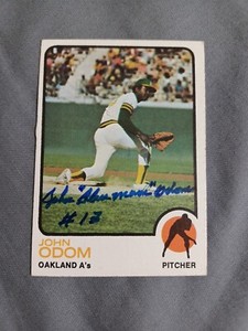 JOHN BLUE MOON ODOM 1973 Topps # 315 autographed signed baseball card A's 73 O/C