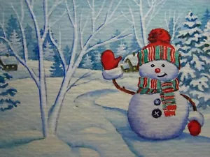 Quadro Acquerello Neve Natale Inverno Divertente Pupazzo di Neve Natura ACEO Arte - Foto 1 di 2