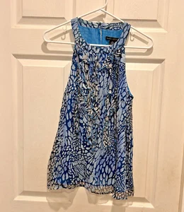 Elena Solano Lined Tank Top 100% Silk Ruffle Collar Leaf Print Blue Women Medium - Picture 1 of 5