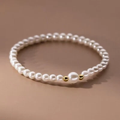 Woman s925 Sterling Silver Pearl Gold Beaded Bangle Bracelet Elastic Adjustable - Image 1 of 4