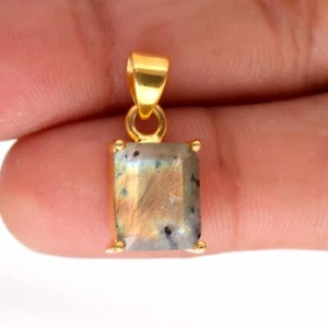 Natural Labradorite Rectangle Shape Pendant Solid Silver Gold Fill Charm Jewelry - Picture 1 of 10