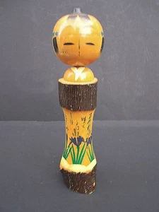 Japanese Kokeshi Wooden Doll Tree Bark Purple Irises Flowers Hand Painted - Picture 1 of 9