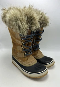 Sorel Snow Boots Womens 5.5 Joan Arctic Tall Tan Suede Navy Waterproof Faux Fur - Picture 1 of 10