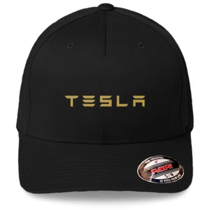 Tesla Motor Logo On Black Hat Flexfit Baseball Cap Printed Emblem S/M & L/XL - Picture 1 of 8