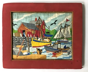 Indien Vintage Crewel Stickerei Boote am Hafen 14 Zoll x 11 Zoll - Bild 1 von 10