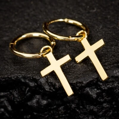 Men's Yellow Gold Plated Solid Sterling Silver Dangle Cross Huggie Hoop Earrings - Image 1 of 4