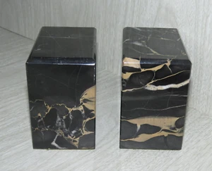 VTG Black Tan Marbled Stone Square Heavy 3.5" Mid Century Modern Decor Bookends - Picture 1 of 24