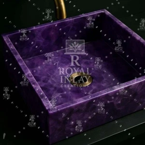 15" Handmade Square Amethyst Crystal Stone Sink – Luxury Textured Wash Basin - Picture 1 of 4
