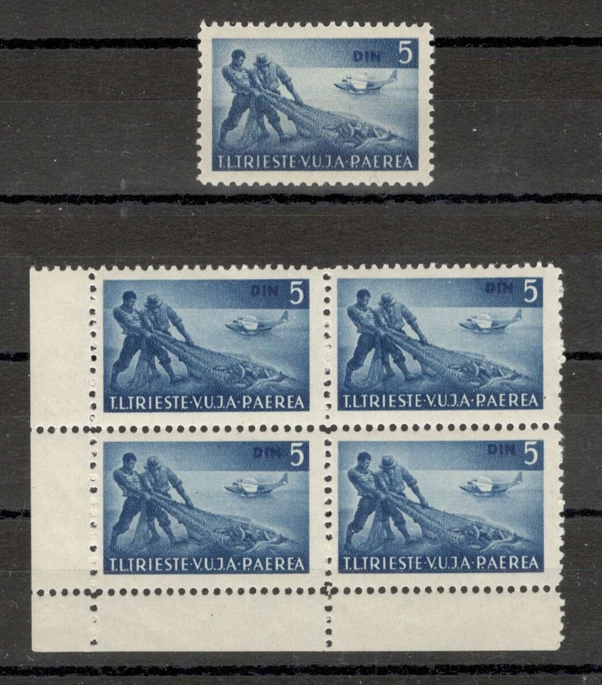 YUGOSLAVIA, ITALIA, Trieste Zona B VUJA-MNH BLOQUE DE 4, 5 din-ERROR DE COLOR-1949. Foto 1 de 2