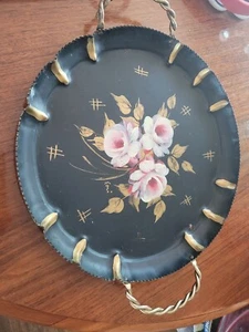 Vintage Signed Hand Painted Floral Toleware Serving Tray 13" Farber & Shlevin - Picture 1 of 8
