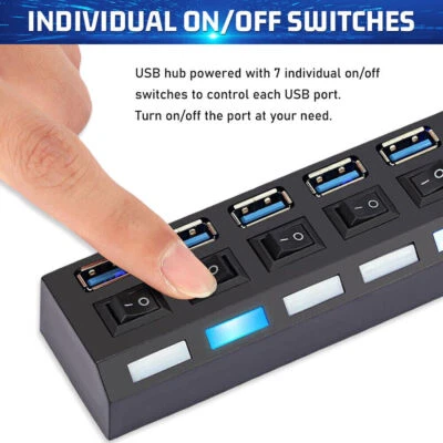 High Speed 7 Ports USB Hub 3.0 Powered Splitter Extender Cable On/Off Switch 12V - Image 1 of 4
