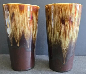 Brown Drip Pottery Set of 2 Tumblers 5.5" Tall Drinking Glasses USA Vintage - Picture 1 of 6