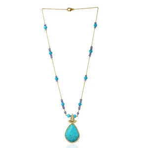 18K Yellow Gold Turquoise Pendant Diamond Tanzanite Necklace Fine Jewelry Women - Picture 1 of 7