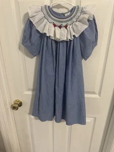 Smocked Bishop Dress With Red Apple Embroidery Blue & White Girl’s Size 6 - Picture 1 of 3