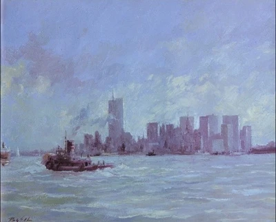Arte de pintura al óleo de torre gemela paisaje urbano barco puerto de Nueva York puerto impresión Ray Ellis 1985 de colección Foto 1 de 3