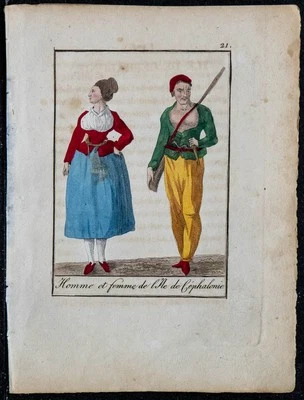 1815 - Kostüme Von Kefalonia - Alte Farbige Gravur - Griechenland - Bild 1 von 3