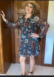 Abito Caiti Chiffon XL Punto Floreale Fix Corto Manica Lunga Extra Large Gilli NUOVO - Foto 1 di 4