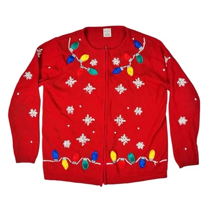 Vintage Avon Red Ugly Christmas Full Zip Knit Cardigan Snowflake Xmas Lights M - Image 1 of 4