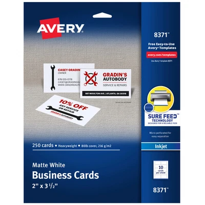 Avery Inkjet Microperforated Business Cards, 2" x 3 1/2", Matte White, 250-Pk - Image 1 of 4