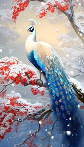Animals Peacock Snow Scene Painting Printed On Canvas Prints Peacock Wall Art - Picture 1 of 8