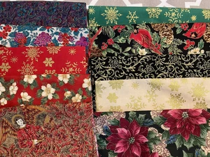 Christmas Fabric Lot Scraps 10 fat eighths 9" x 21" quilt cotton Metallic - Picture 1 of 3