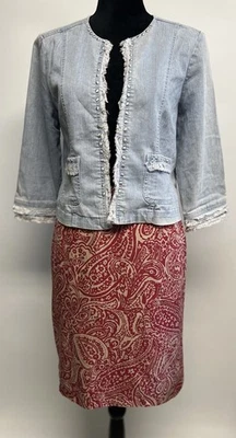Womens Light Wash Denim Jacket Studded Fray Trim Sz 8 P Short Boho Western - Image 1 of 4