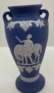 JASPERWARE Art Pottery Cream On Blue Vase Greek Man & Horse - Picture 1 of 10