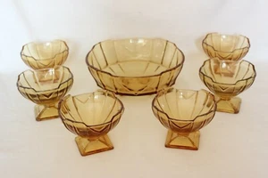 Art Deco Amber Glass 7 Piece Sundae/Fruit Set by Sowerby - Picture 1 of 9