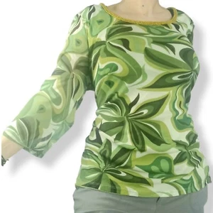 Green swirly retro shirt Vintage Y2K stretchy top blouse ladies 90s beaded beme - Bild 1 von 7