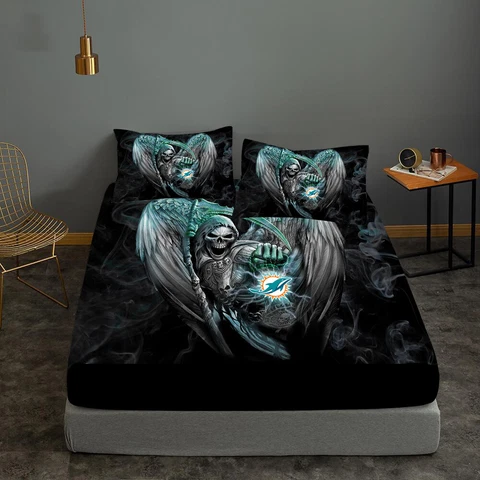 Miami Dolphins Bedding Set 3PCS Fitted Sheet Deep Pocket Sheet Pillowcases Gifts Cover